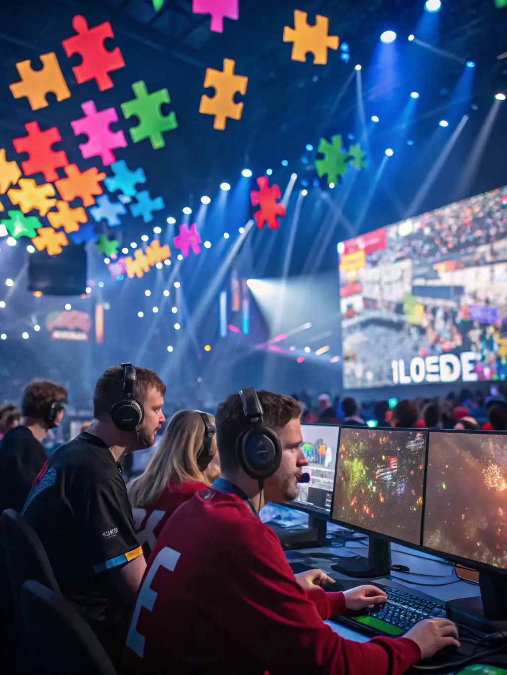 A dynamic image showcasing AI-powered game characters interacting with players in a puzzle game environment, emphasizing the responsiveness and adaptability of the AI.